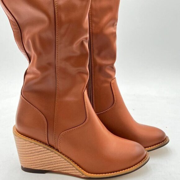 FSJ Brown Zipper Wedge High Heel Point Toe Fancy Pull On Ladies Fashion Boot - Picture 4 of 8